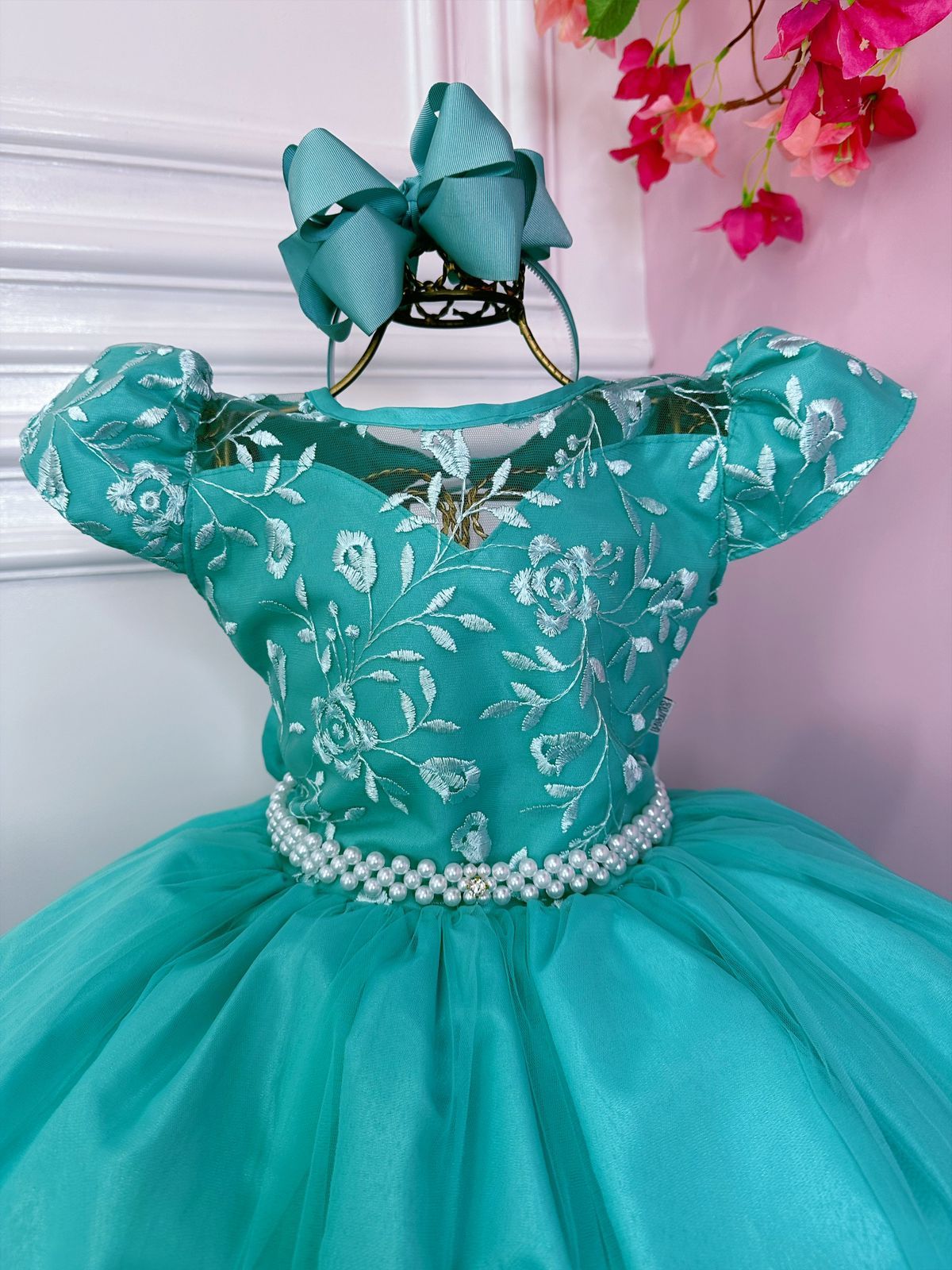 Vestido de dama de honor de boda infantil verde con encaje de realeza