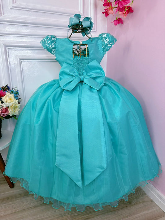 Vestido de dama de honor de boda infantil verde con encaje de realeza
