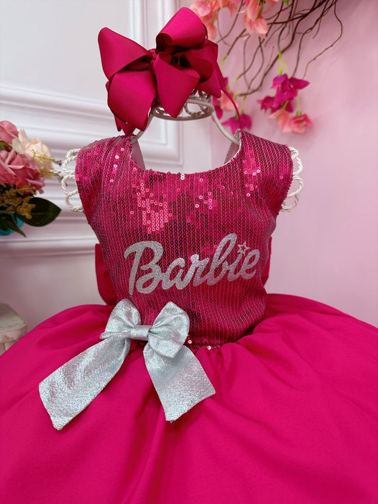 Vestido infantil de Barbie con busto de lentejuelas rosas y broche de lazo