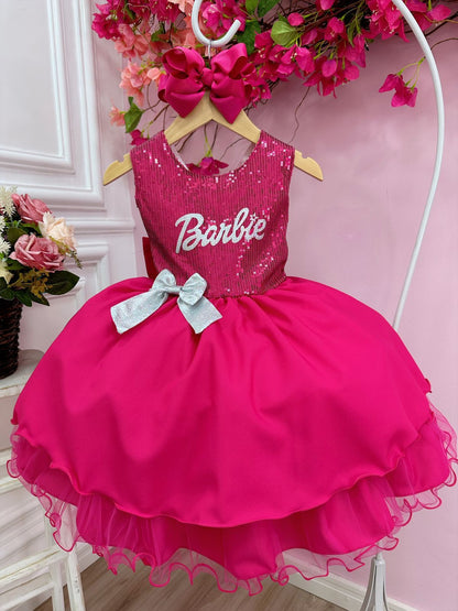 Vestido infantil de Barbie con busto de lentejuelas rosas y broche de lazo