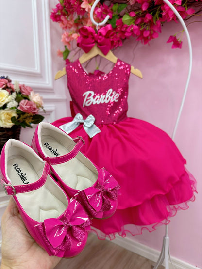 Vestido infantil de Barbie con busto de lentejuelas rosas y broche de lazo