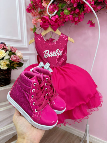 Vestido infantil de Barbie con busto de lentejuelas rosas y broche de lazo