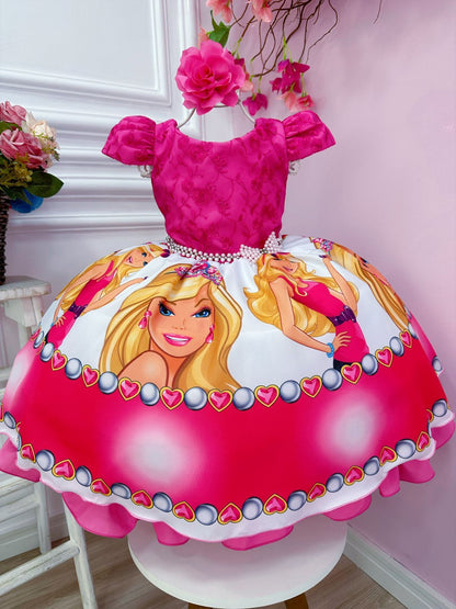 Vestido de busto rosa de Barbie con encaje y flor para el cabello