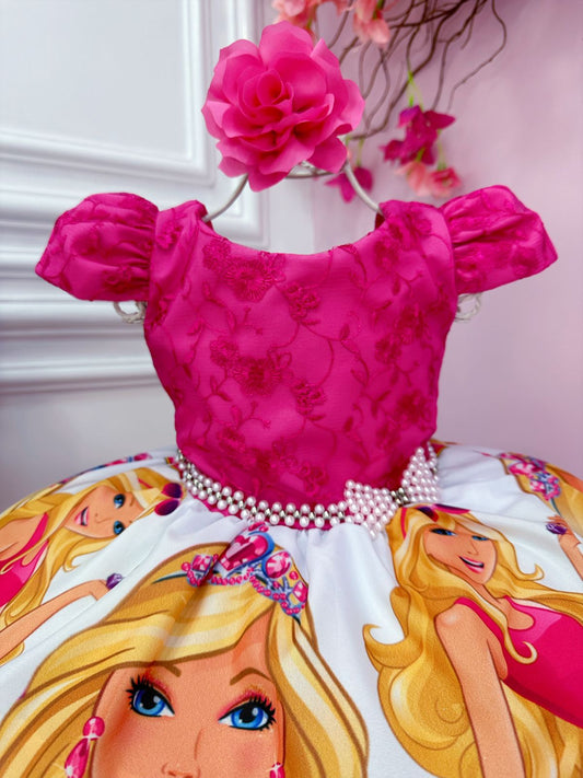 Vestido de busto rosa de Barbie con encaje y flor para el cabello