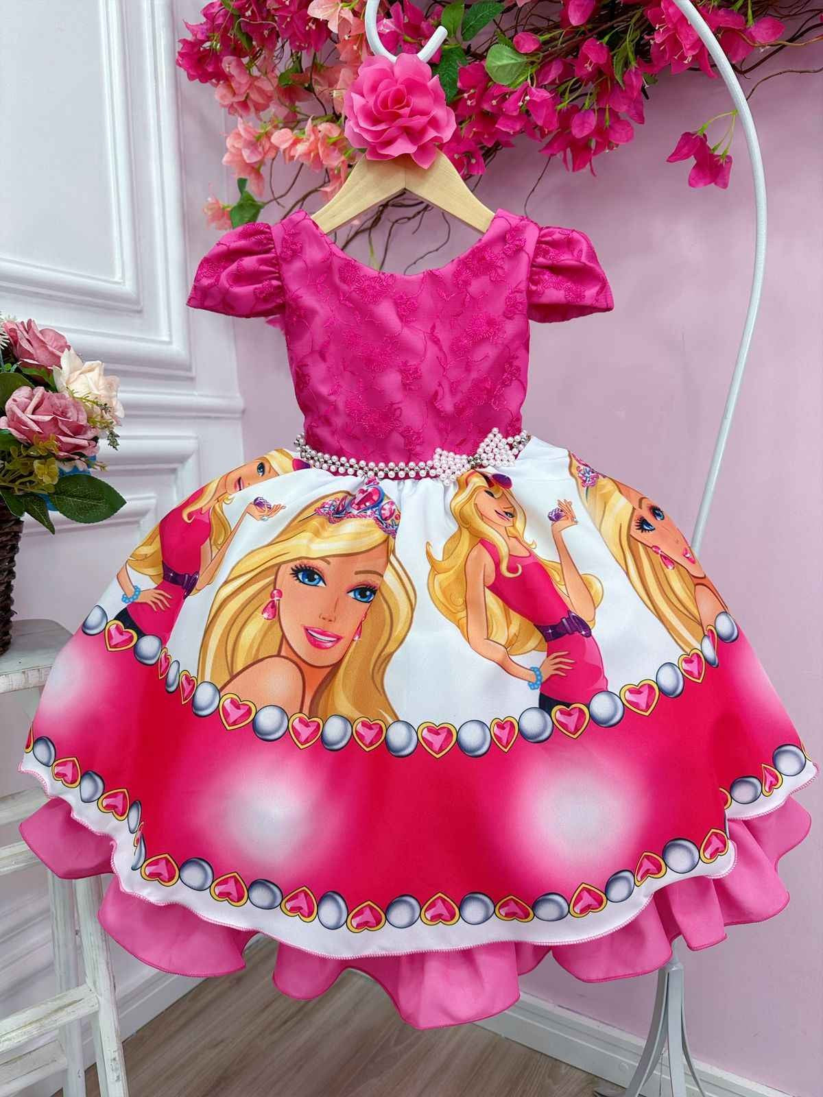 Vestido de busto rosa de Barbie con encaje y flor para el cabello
