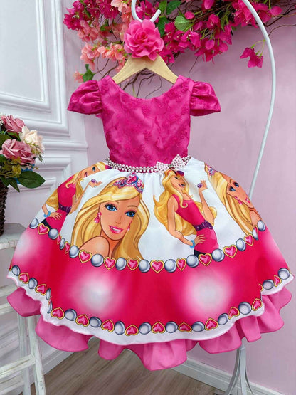 Vestido de busto rosa de Barbie con encaje y flor para el cabello