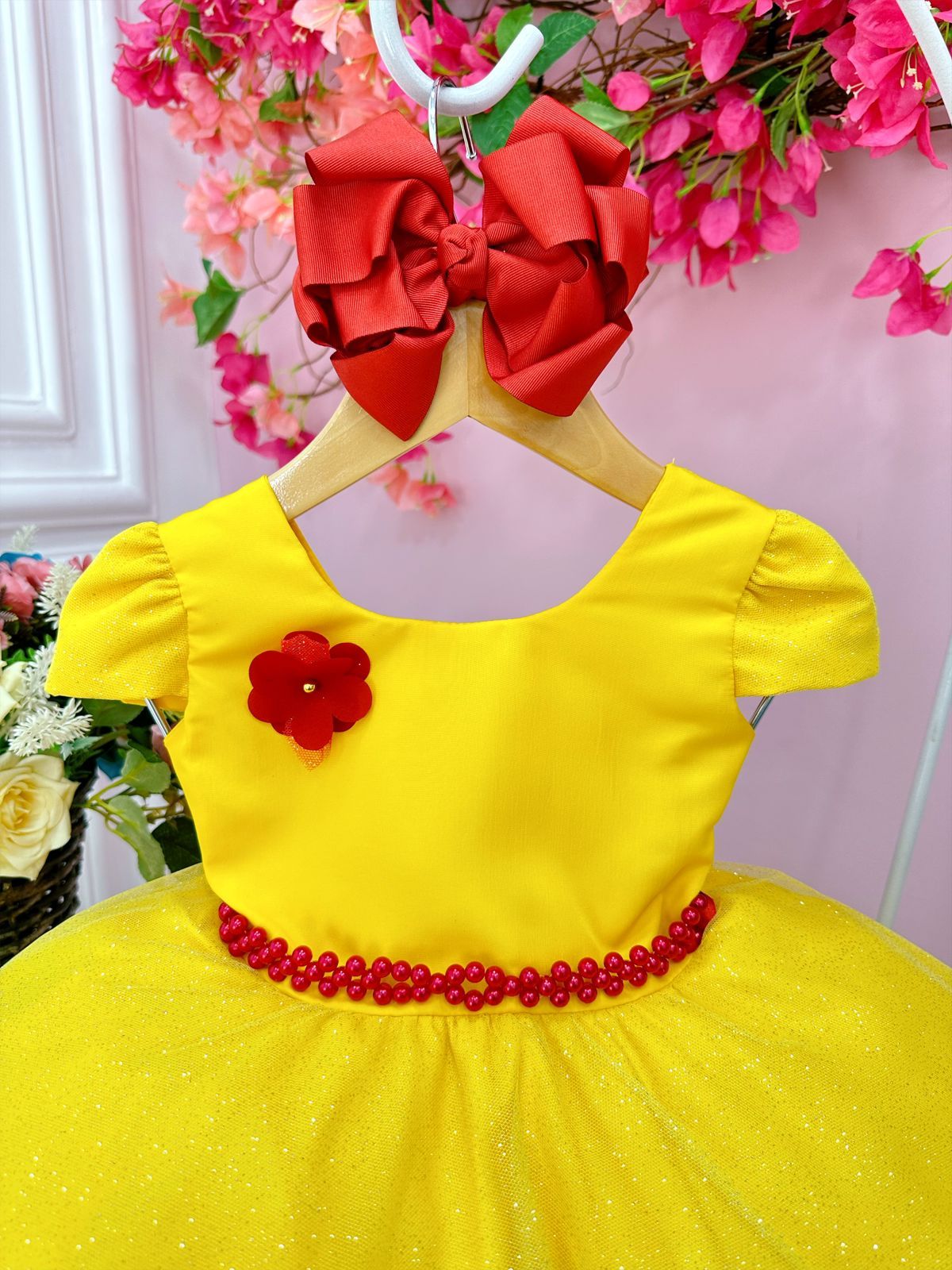 Vestido infantil de La Bella y la Bestia con falda brillante y aplique de flores