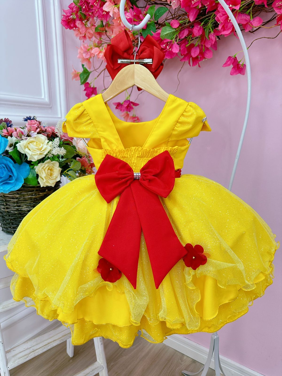 Vestido infantil de La Bella y la Bestia con falda brillante y aplique de flores