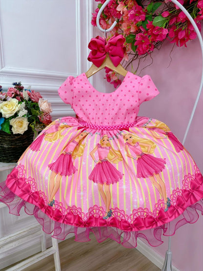 Vestido rosa y rosa de Barbie con pedrería y perlas