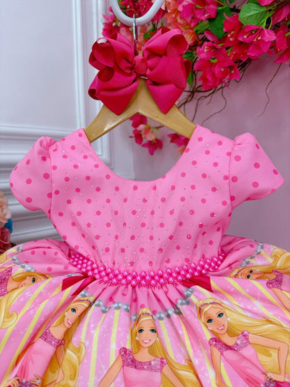 Vestido rosa y rosa de Barbie con pedrería y perlas