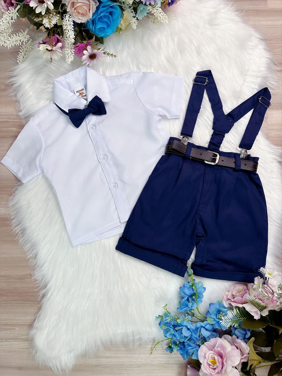 Conjunto Formal Pantalón Corto Tirantes Camisa Azul Marino Corbata 