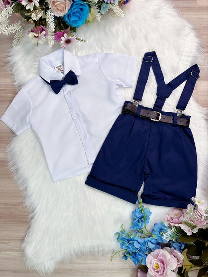 Conjunto Formal Pantalón Corto Tirantes Camisa Azul Marino Corbata 