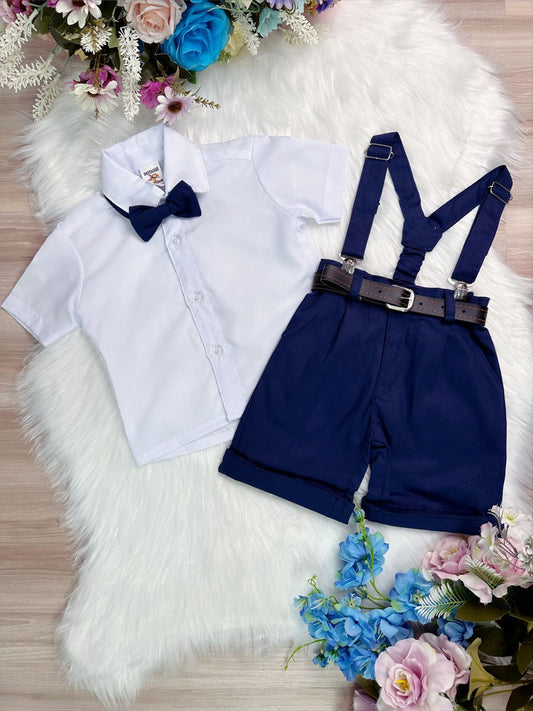 Conjunto Formal Pantalón Corto Tirantes Camisa Azul Marino Corbata 