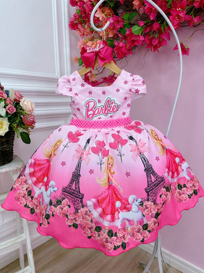 Vestido rosa y cinturón de perlas rosa de Barbie París