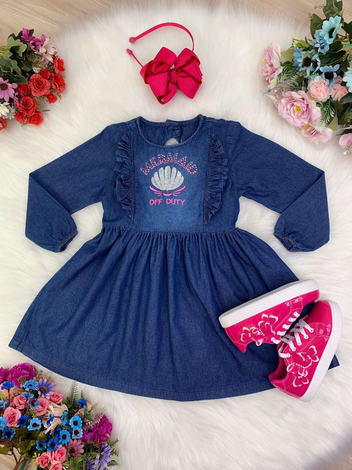 Vestido vaquero infantil con manga larga estilo sirena fuera de servicio