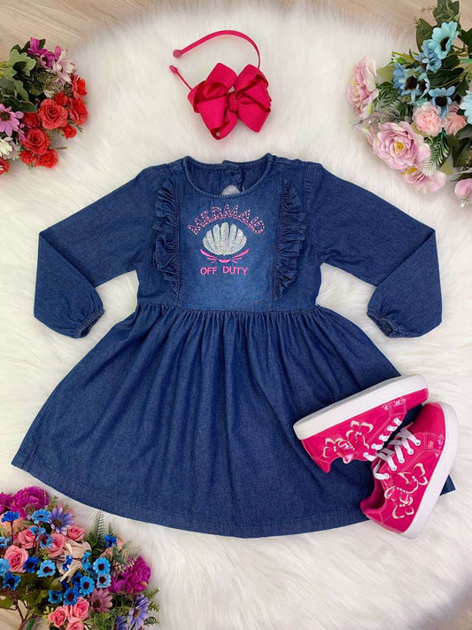 Vestido vaquero infantil con manga larga estilo sirena fuera de servicio