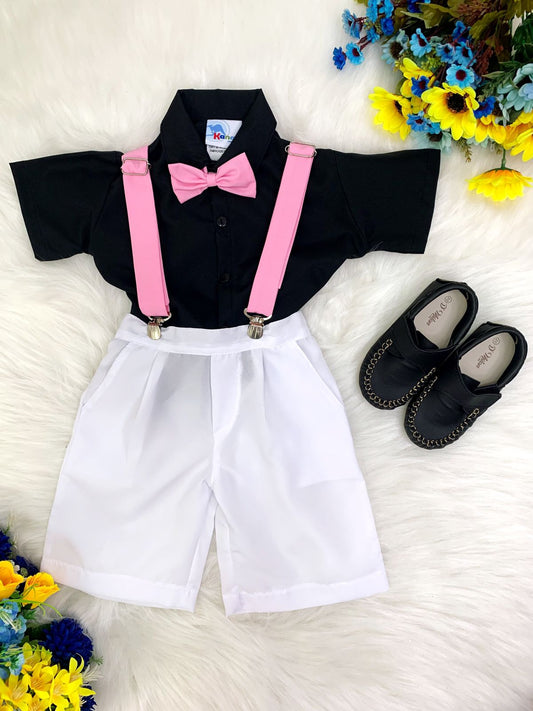 Conjunto de camisa negra y pantalón corto blanco con tirantes. Little Boss Circus 
