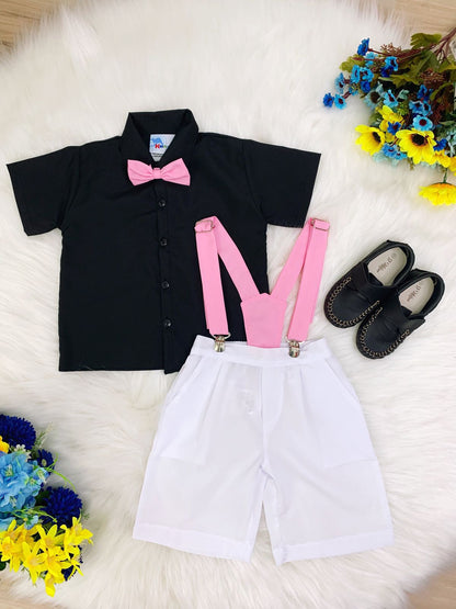 Conjunto de camisa negra y pantalón corto blanco con tirantes. Little Boss Circus 