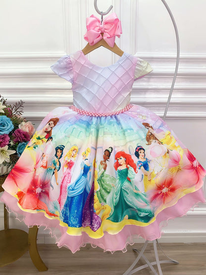 Vestido de princesa rosa con pecho acanalado y cinturón de perlas