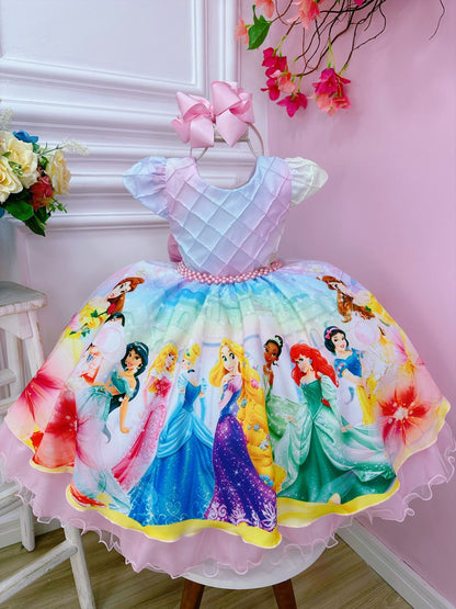Vestido de princesa rosa con pecho acanalado y cinturón de perlas