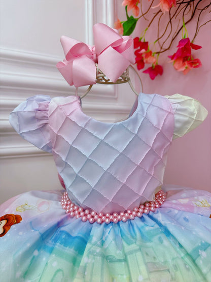 Vestido de princesa rosa con pecho acanalado y cinturón de perlas