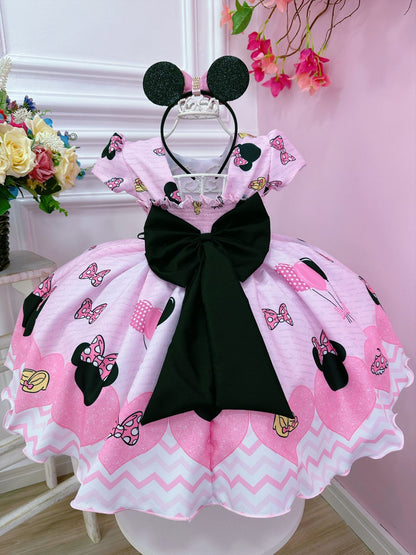 Vestido infantil de Minnie Mouse rosa con broche de lazo de lujo