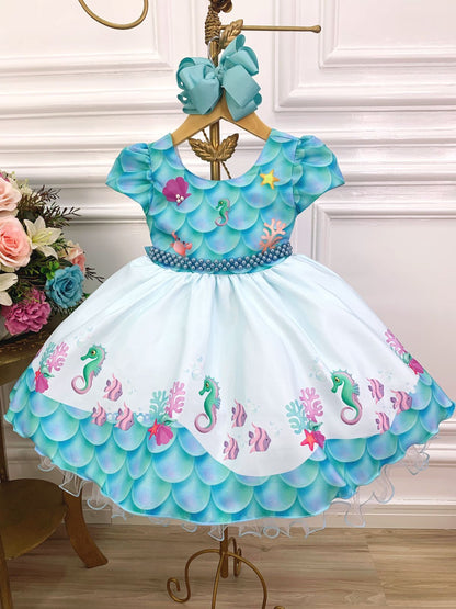 Vestido infantil de fondo marino con cinturón de perlas de lujo