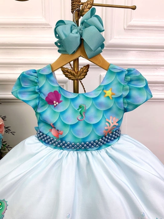Vestido infantil de fondo marino con cinturón de perlas de lujo