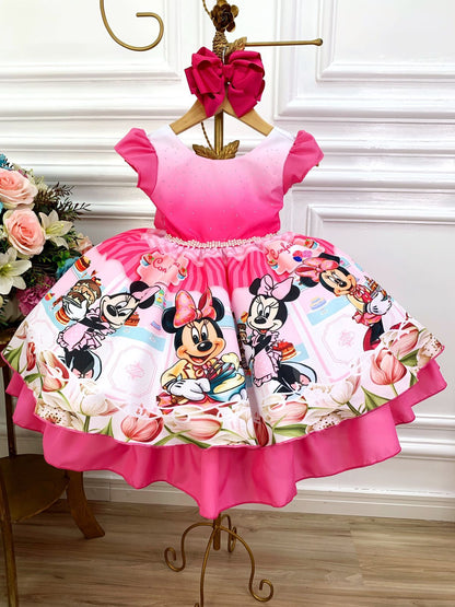 Vestido infantil de Minnie Mouse rosa con pedrería