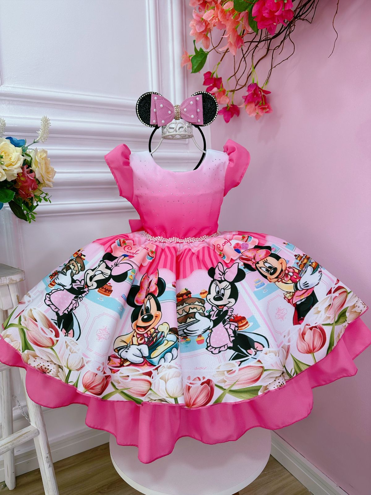 Vestido infantil de Minnie Mouse rosa con pedrería