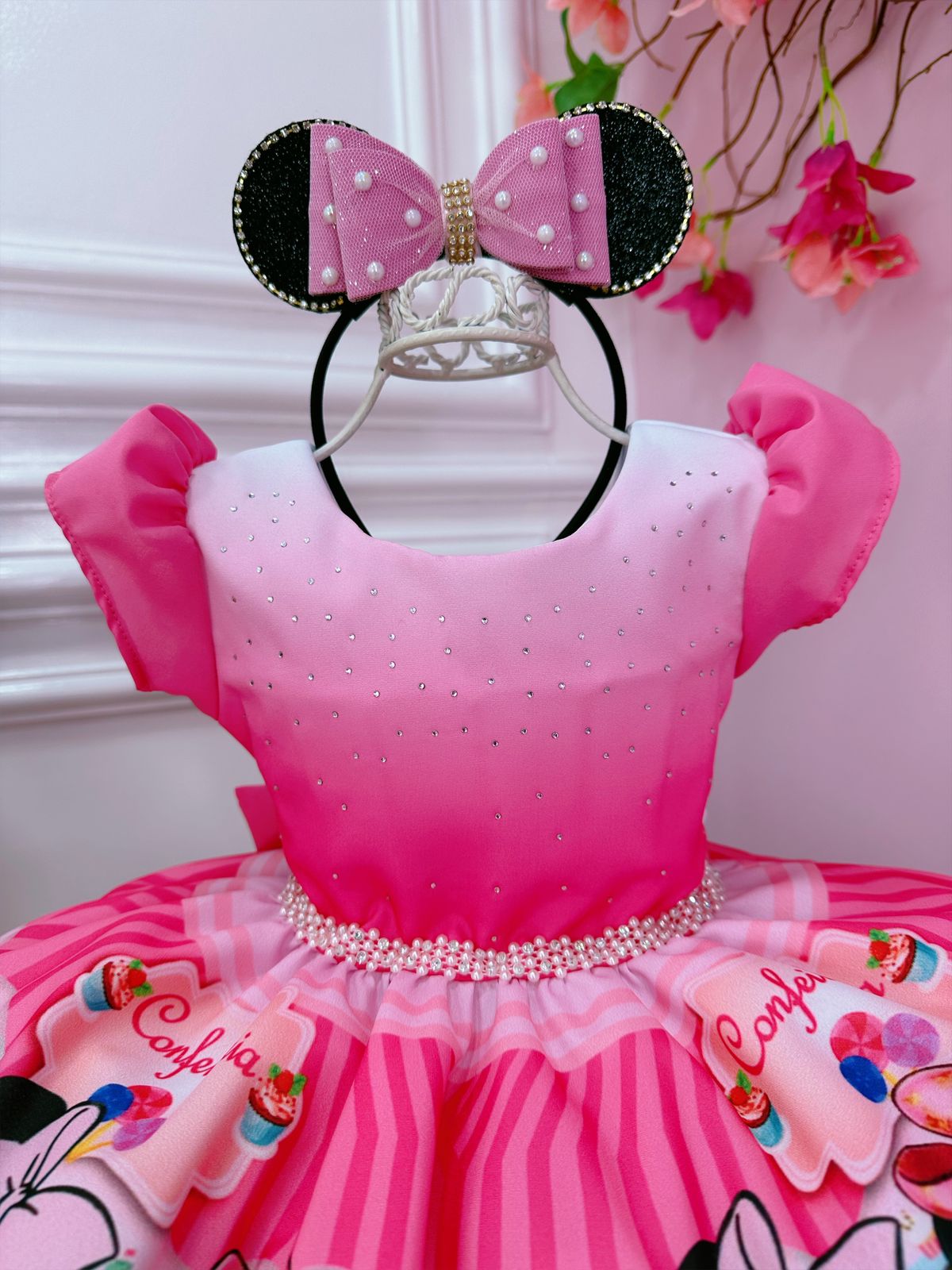 Vestido infantil de Minnie Mouse rosa con pedrería