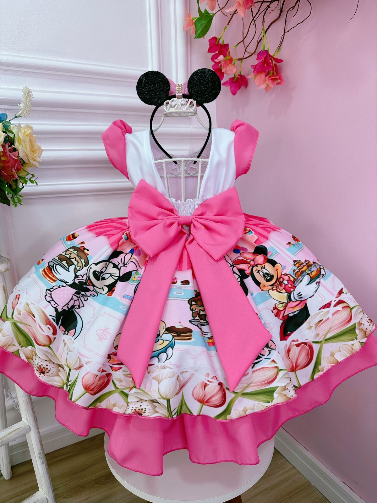 Vestido infantil de Minnie Mouse rosa con pedrería