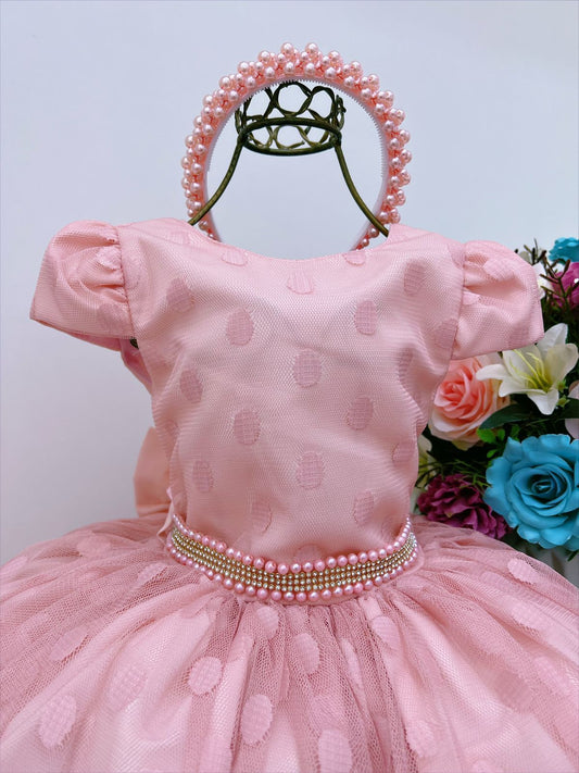 Vestido infantil de tul color piel con pedrería y perlas 