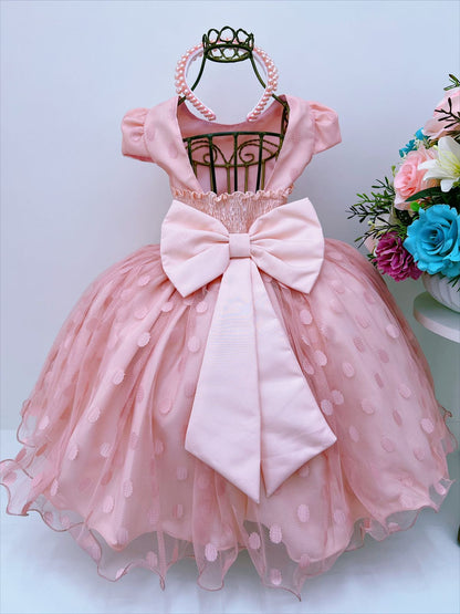 Vestido infantil de tul color piel con pedrería y perlas 