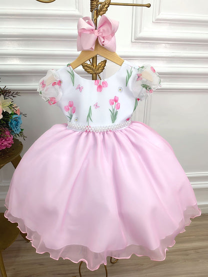 Vestido infantil blanco con flores de tulipán y cinturón de perlas