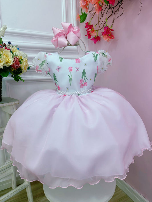 Vestido infantil blanco con flores de tulipán y cinturón de perlas