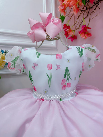 Vestido infantil blanco con flores de tulipán y cinturón de perlas