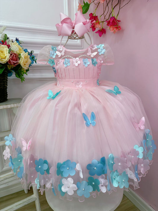 Vestido infantil rosa con apliques de flores de mariposa plisadas
