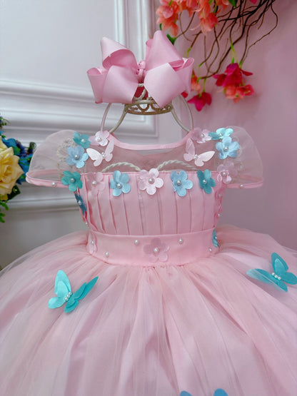 Vestido infantil rosa con apliques de flores de mariposa plisadas