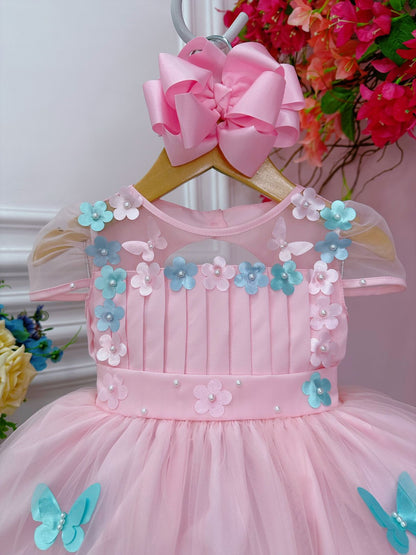 Vestido infantil rosa con apliques de flores de mariposa plisadas