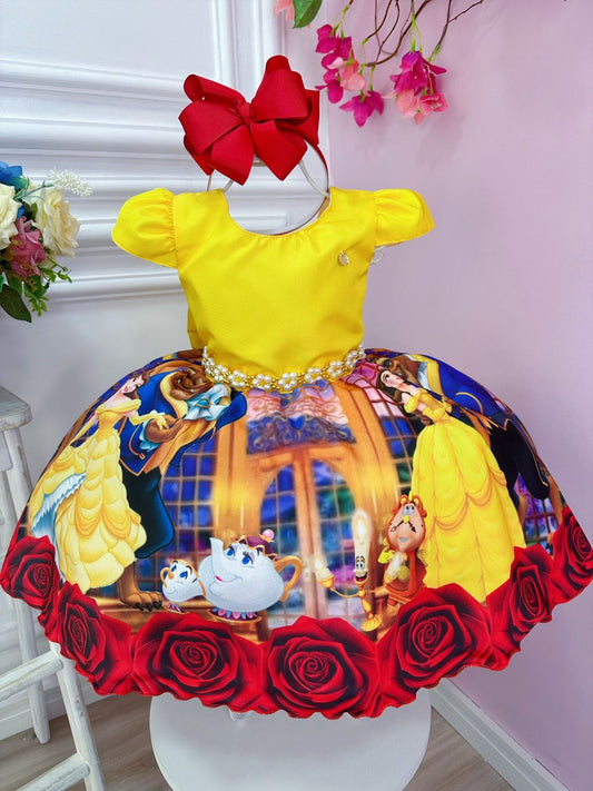 Vestido infantil amarillo de La Bella y la Bestia con cinturón de perlas
