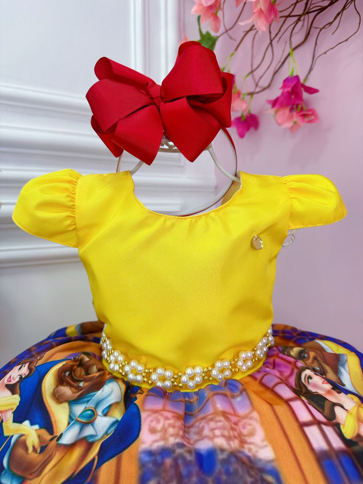 Vestido infantil amarillo de La Bella y la Bestia con cinturón de perlas