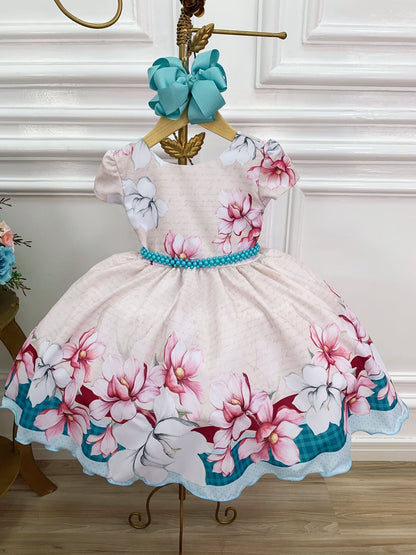 Vestido infantil de primavera con flores de marfil y cinturón de perlas