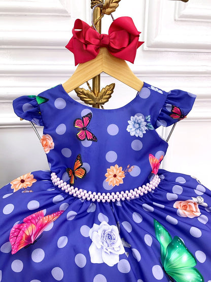 Vestido infantil de jardín de mariposas lila con cinturón de perlas