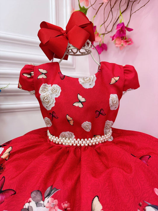Vestido infantil con perlas del Jardín de Mariposas Rojas