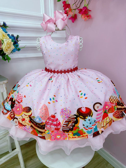 Vestido infantil de confitería de dulces rosas con cinturón de perlas