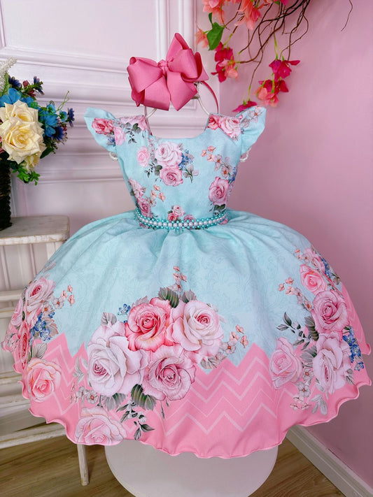 Vestido infantil verde con rosas y perlas de lujo París