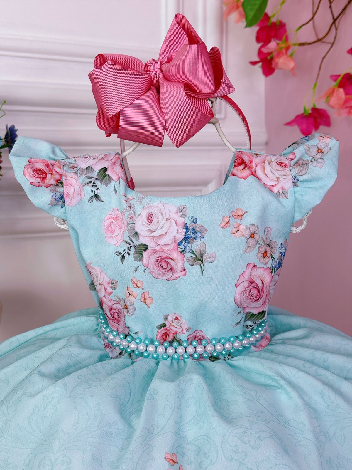 Vestido infantil verde con rosas y perlas de lujo París