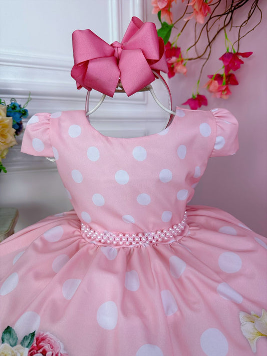Vestido floral de primavera rosa bebé con cinturón de perlas