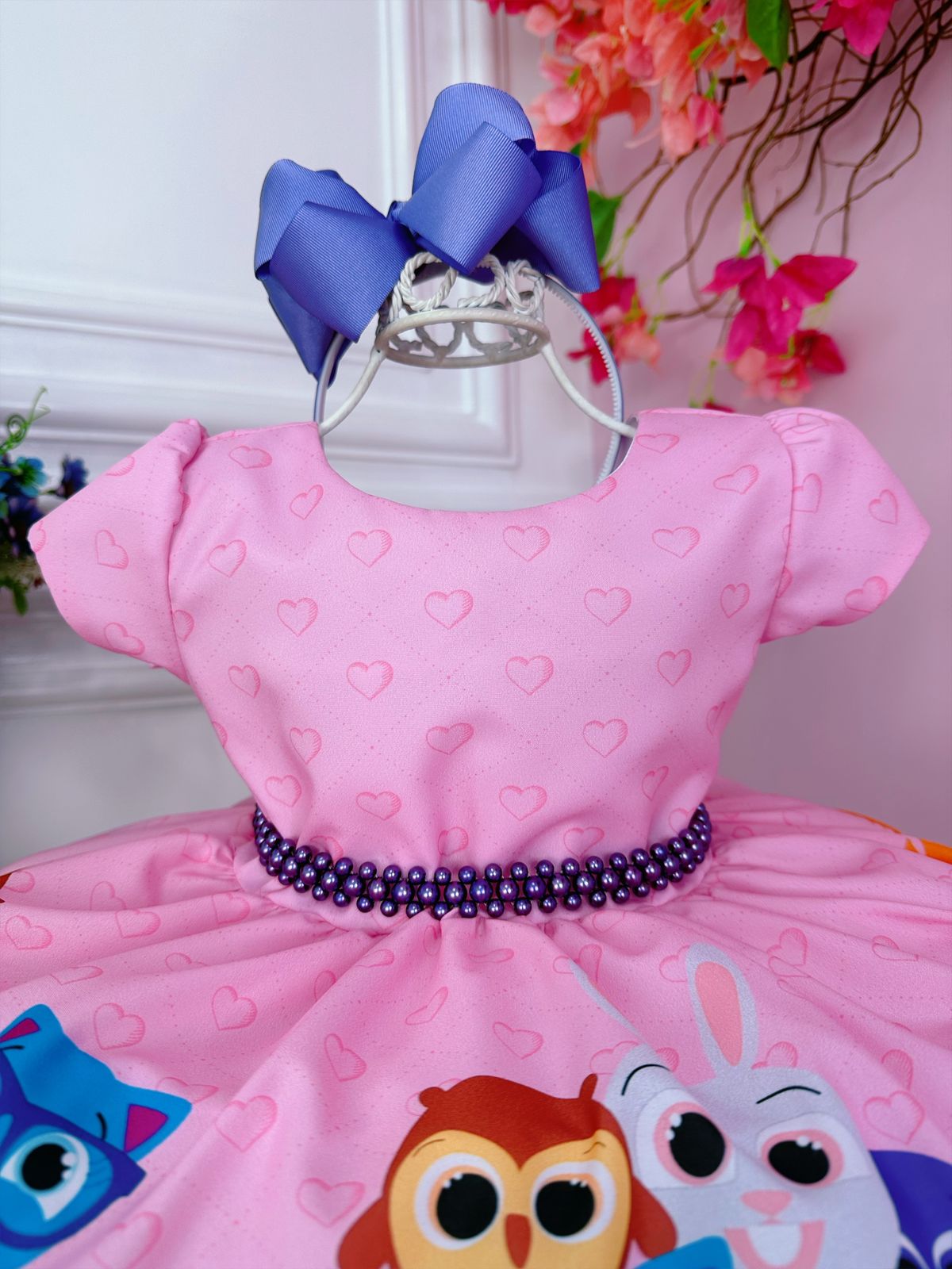 Vestido infantil floral Bolofofos rosa con cinturón de perlas